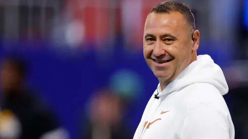 Head coach Steve Sarkisian of the Texas Longhorns reacts on the field prior to the Chick-fil-A Peach Bowl against the Arizona State Sun Devils at Mercedes-Benz Stadium on January 01, 2025 in Atlanta, Georgia.