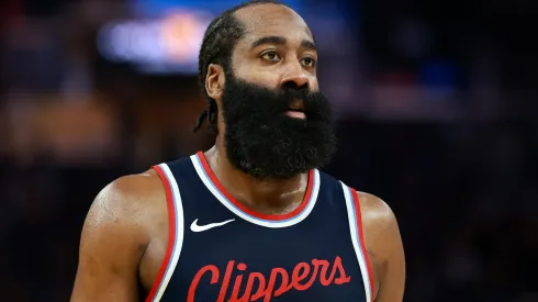 James Harden #1 of the LA Clippers stands on the court during their game against the Golden State Warriors during the second half at Chase Center on April 13, 2025 in San Francisco, California.