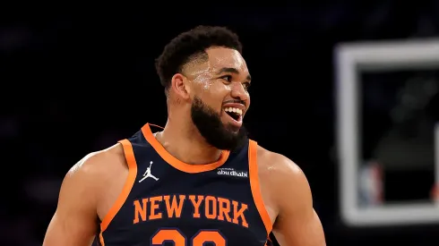 Karl-Anthony Towns #32 of the New York Knicks reacts in the first half against the Boston Celtics