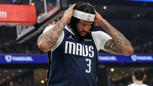 Anthony Davis #3 of the Dallas Mavericks reacts against the Memphis Grizzlies during the first half of the Play-In Tournament at FedExForum.