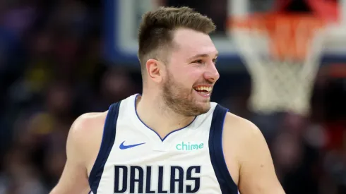 Luka Doncic #77 of the Dallas Mavericks reacts after the Mavericks made a basket against the Golden State Warriors
