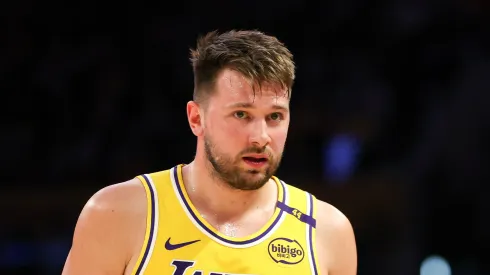 Luka Doncic #77 of the Los Angeles Lakers speaks with a referee during the first half against the New York Knicks