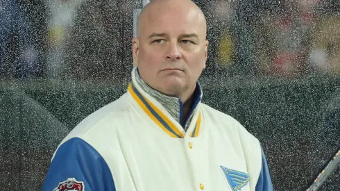 Head coach Jim Montgomery of the St. Louis Blues looks on during the first period against the Chicago Blackhawks during the 2024 NHL Winter Classic at Wrigley Field on December 31, 2024 in Chicago, Illinois.