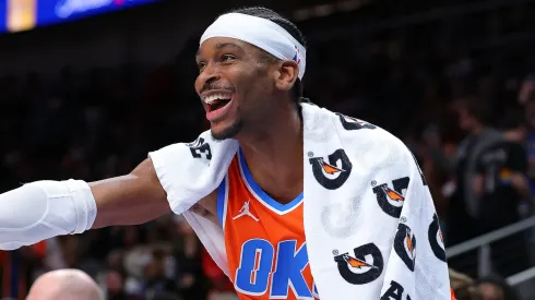 Shai Gilgeous-Alexander #2 of the Oklahoma City Thunder reacts in the final seconds of their 135-119 win over the Atlanta Hawks at State Farm Arena on February 28, 2025 in Atlanta, Georgia.