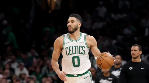 Jayson Tatum #0 of the Boston Celtics dribbles the ball in Game One of the Eastern Conference First Round NBA Playoffs against the Orlando Magic