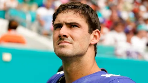 Daniel Jones #8 of the New York Giants leaves the field after an injury against the Miami Dolphins during the fourth quarter at Hard Rock Stadium on October 08, 2023.