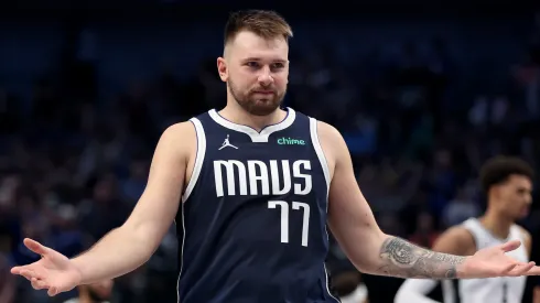 Luka Doncic #77 of the Dallas Mavericks reacts after making a three-point basket against the San Antonio Spurs in the third quarter at American Airlines Center on October 24, 2024 in Dallas, Texas.