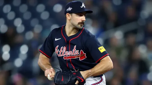 Spencer Strider #99 of the Atlanta Braves pitches in the first inning of their MLB game against the Toronto Blue Jays at Rogers Centre on April 16, 2025 in Toronto, Ontario, Canada.