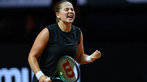 Jelena Ostapenko of Latvia reacts in final match against Aryna Sabalenka of Belarus during Porsche Tennis Grand Prix.