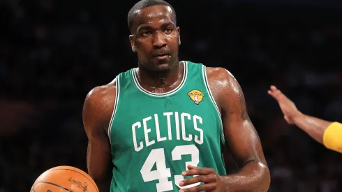 Kendrick Perkins #43 of the Boston Celtics looks on while taking on the Los Angeles Lakers in Game Six of the 2010 NBA Finals at Staples Center on June 15, 2010 in Los Angeles, California.