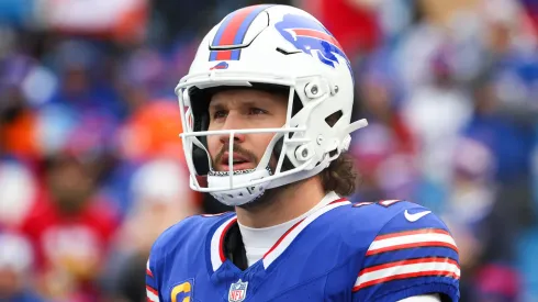 Josh Allen #17 of the Buffalo Bills warms up prior to playing the Denver Broncos during the AFC Wild Card Playoffs at Highmark Stadium on January 12, 2025 in Orchard Park, New York.