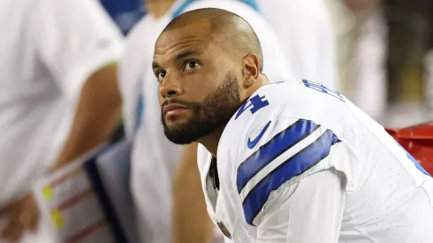 Dak Prescott #4 of the Dallas Cowboys reacts on the bench during the fourth quarter against the San Francisco 49ers at Levi's Stadium on October 08, 2023 in Santa Clara, California.