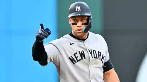 Aaron Judge #99 of the New York Yankees celebrates after hitting a double during the sixth inning against the Cleveland Guardians at Progressive Field on April 22, 2025 in Cleveland, Ohio.