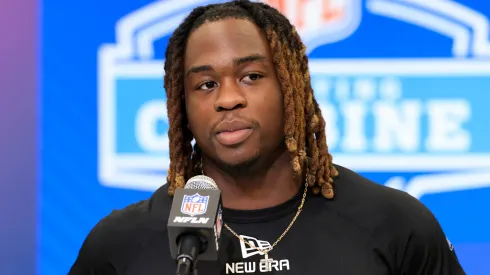Ashton Jeanty #RB15 of Boise State speaks to the media during the NFL Combine at Lucas Oil Stadium on February 28, 2025.