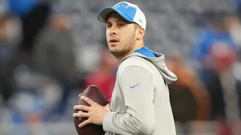 Jared Goff #16 of the Detroit Lions participates in warmups prior to the NFC Divisional Playoff game against the Tampa Bay Buccaneers at Ford Field on January 21, 2024 in Detroit, Michigan.