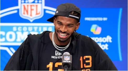 Shedeur Sanders of Colorado speaks to the media during the 2025 NFL Scouting Combine