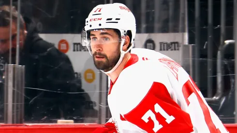 Dylan Larkin #71 of the Detroit Red Wings skates against the New Jersey Devils at Prudential Center on April 16, 2025 in Newark, New Jersey.