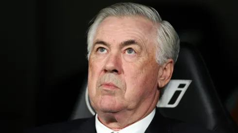 Carlo Ancelotti, Head Coach of Real Madrid, looks on prior to the LaLiga match between Real Madrid CF and Athletic Club at Estadio Santiago Bernabeu on April 20, 2025 in Madrid, Spain.