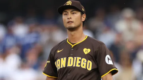 Yu Darvish #11 of the San Diego Padres looks on during the first inning of Game Five of the Division Series against the Los Angeles Dodgers.
