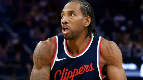 Kawhi Leonard #2 of the LA Clippers shoots the ball against the Golden State Warriors during the second half at Chase Center on April 13, 2025