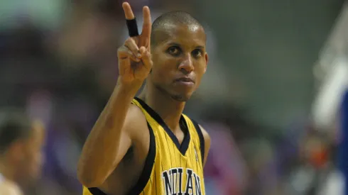 Reggie Miller #31 of the Indiana Pacers gestures in Game two of the Eastern Conference Semifinals against the Detroit Pistons during the 2005 NBA Playoffs.