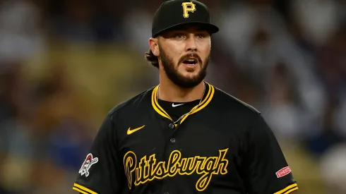 : Paul Skenes #30 of the Pittsburgh Pirates after the third out in the first inning against the Los Angeles Dodgers at Dodger Stadium on April 25, 2025 in Los Angeles, California.