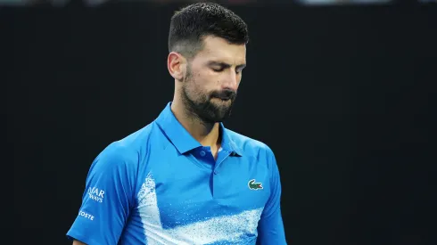 Novak Djokovic of Serbia reacts against Tomas Machac of the Czech Republic in the Men's Singles Third Round match during the 2025 Australian Open.