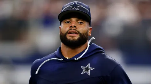 Dak Prescott #4 of the Dallas Cowboys warms up before a preseason game against the Las Vegas Raiders at AT&T Stadium on August 26, 2023 in Arlington, Texas.