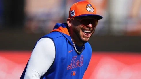Francisco Alvarez #4 of the New York Mets reacts during spring training workouts at Clover Park on February 17, 2025 in Port St. Lucie, Florida.