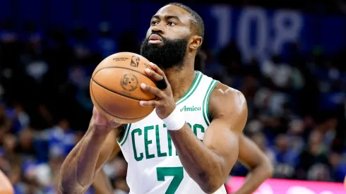 Jaylen Brown #7 of the Boston Celtics at the line to shoot a free throw during the first half in Game 3 of the first round of the 2025 NBA Playoffs against the Orlando Magic.