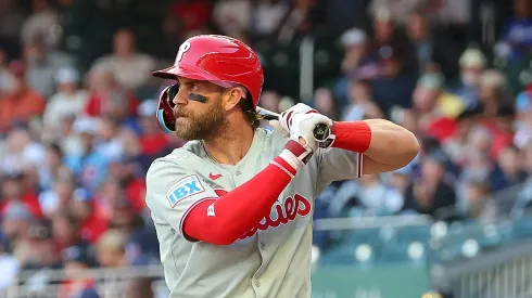 Bryce Harper #3 of the Philadelphia Phillies bats in the first inning against the Atlanta Braves at Truist Park on April 09, 2025 in Atlanta, Georgia.