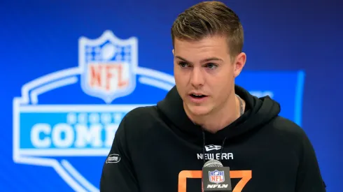 Will Howard #QB07 of Ohio State speaks to the media during the NFL Combine at Lucas Oil Stadium on February 28, 2025 in Indianapolis, Indiana.