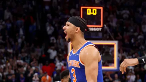 Josh Hart #3 of the New York Knicks reacts after defeating the Detroit Pistons in Game Four of the Eastern Conference First Round NBA Playoffs