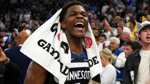 Anthony Edwards #5 of the Minnesota Timberwolves celebrates the win against the Los Angeles Lakers as he walks off the court after Game Four of the First Round of the 2025 NBA Playoffs at Target Center on April 27, 2025 in Minneapolis, Minnesota. The Timberwolves defeated the Lakers 116-113 to take a 3-1 series lead.