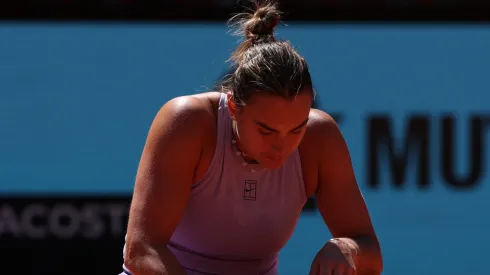 Aryna Sabalenka reacts against Elise Mertens of Belgium in the Women's Singles Third Round match during Day Six of the Mutua Madrid Open at La Caja Magica on April 27, 2025 in Madrid, Spain.