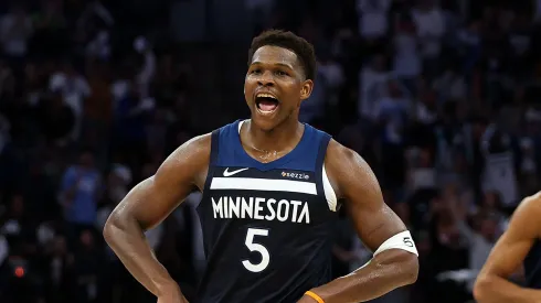 Anthony Edwards #5 of the Minnesota Timberwolves celebrates his three-point basket against the Los Angeles Lakers in the fourth quarter of Game Four of the First Round of the 2025 NBA Playoffs