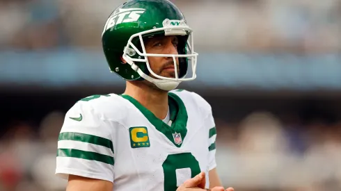 Aaron Rodgers #8 of the New York Jets looks on during the second quarter against the Jacksonville Jaguars at EverBank Stadium on December 15, 2024 in Jacksonville, Florida.
