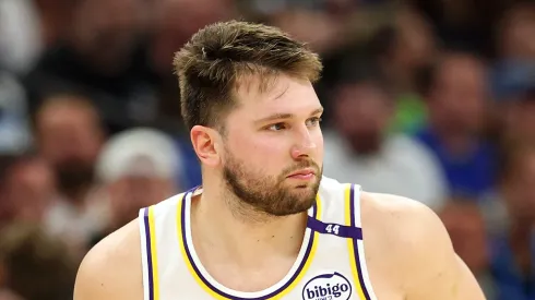 Luka Doncic #77 of the Los Angeles Lakers reacts to his three-point basket against the Minnesota Timberwolves in the second quarter of Game Four of the First Round of the 2025 NBA Playoffs