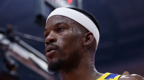 Jimmy Butler III #10 of the Golden State Warriors heads to the locker room in the first half after an injury against the Houston Rockets in Game Two of the Western Conference First Round NBA Playoffs