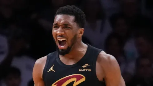 Donovan Mitchell #45 of the Cleveland Cavaliers reacts against the Miami Heat during the second quarter in Game Three of the Eastern Conference First Round NBA Playoffs at Kaseya Center on April 26, 2025 in Miami, Florida.