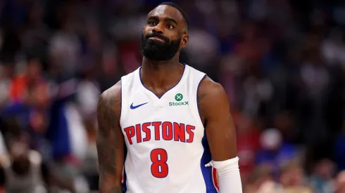 Tim Hardaway Jr. #8 of the Detroit Pistons reacts while playing the New York Knicks in Game Four of the Eastern Conference First Round NBA Playoffs at Little Caesars Arena on April 27, 2025 in Detroit, Michigan.