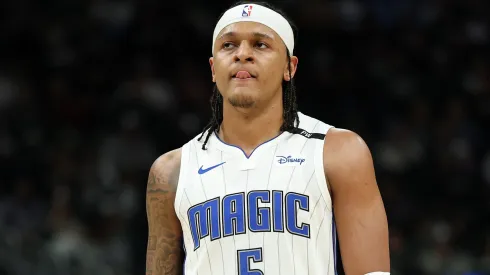 Paolo Banchero #5 of the Orlando Magic walks backcourt during a game against the Milwaukee Bucks at Fiserv Forum.