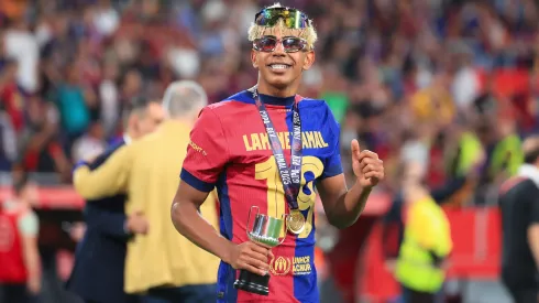Lamine Yamal of FC Barcelona celebrates after winning the Copa del Rey Final match between FC Barcelona and Real Madrid at Estadio de La Cartuja on April 26, 2025 in Seville, Spain.
