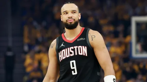 Dillon Brooks #9 of the Houston Rockets stands on the court during their game against the Golden State Warriors in Game Three of the NBA Playoffs.