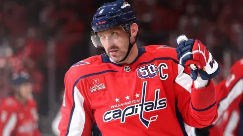 NHL legend Alex Ovechkin #8 of the Washington Capitals celebrates after scoring a goal against the Montreal Canadiens during the first period in Game One of the First Round of the 2025 Stanley Cup Playoffs.