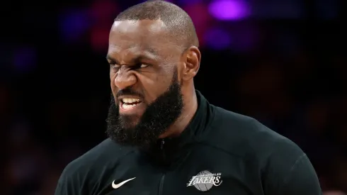LeBron James #23 of the Los Angeles Lakers reacts during warm up prior to the game against the Minnesota Timberwolves.