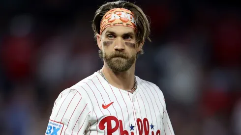 Bryce Harper #3 of the Philadelphia Phillies looks on during a game against the Washington Nationals at Citizens Bank Park on April 29, 2025 in Philadelphia, Pennsylvania.