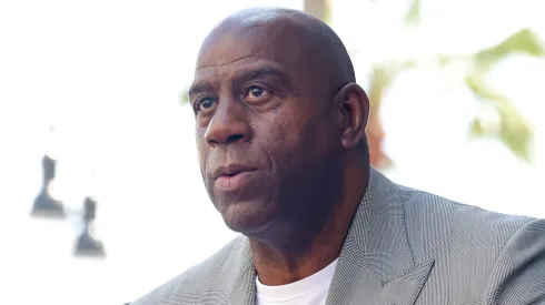 Magic Johnson speaks onstage during the Hollywood Walk of Fame Star Ceremony Honoring American Tennis Player Billie Jean King.