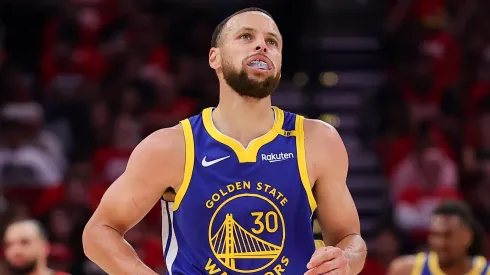 Stephen Curry #30 of the Golden State Warriors reacts during the second quarter in Game Five of the Western Conference First Round NBA Playoffs against the Houston Rockets