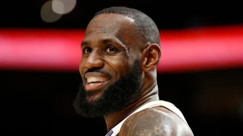 LeBron James smiles during a Los Angeles Lakers game.